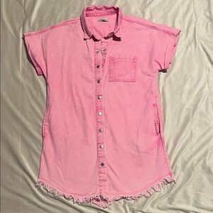 Pink Denim Button-Up Shirt Dress with pockets